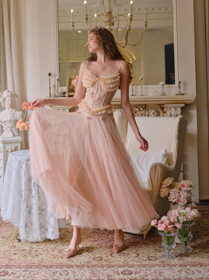 Peach Fairy French Retro Sweet Lace Camisole With Skirt