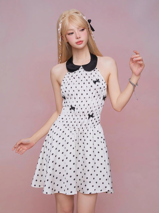 GirlyFancyClub polka dot waltz - French vintage slim shrunken doll collar sleeveless dress summer