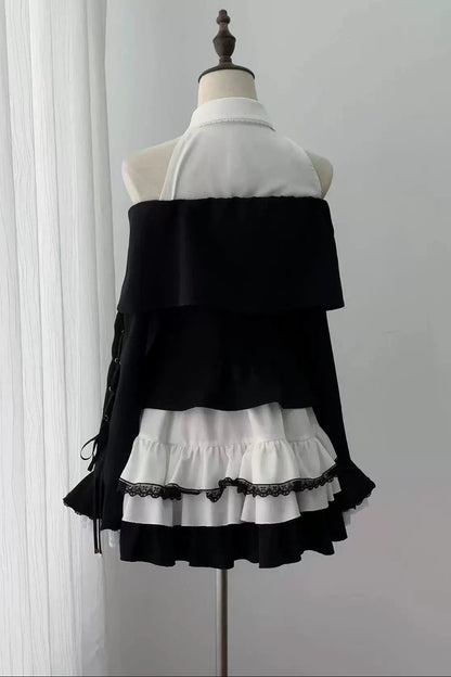 [Pre-order Deadline: October 15] Black Bow Off-Shoulder Lace Flare-Sleeve Jacket + Black and White Lace-Trim Bow Halter Dress with Tie