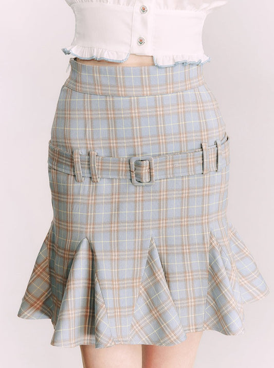 American Retro Slim Check Ruffle Skirt