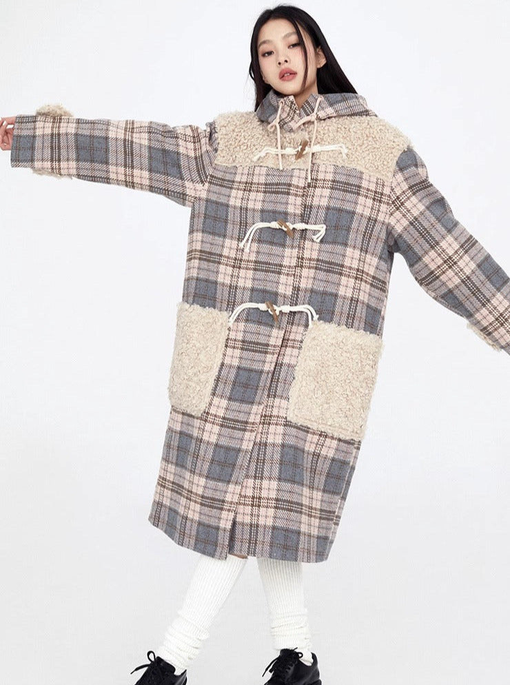 Pink & Gray Check Stitching Horn Buckle Loose Silhouette Long Coat