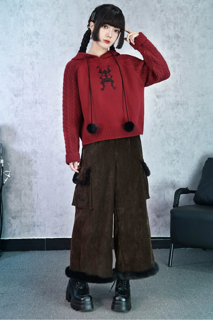 フーバットダークレッドニットフードパーカー