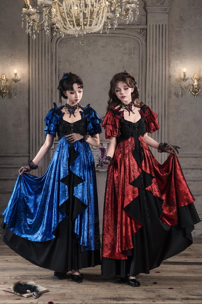[Date limite de précommande: 105] Robe empire gothique élégante à volants cascade rouge/bleu [courte/longue] + ensemble robe complet (châle, broche papillon, chaîne de taille, traîne à nœud au dos)