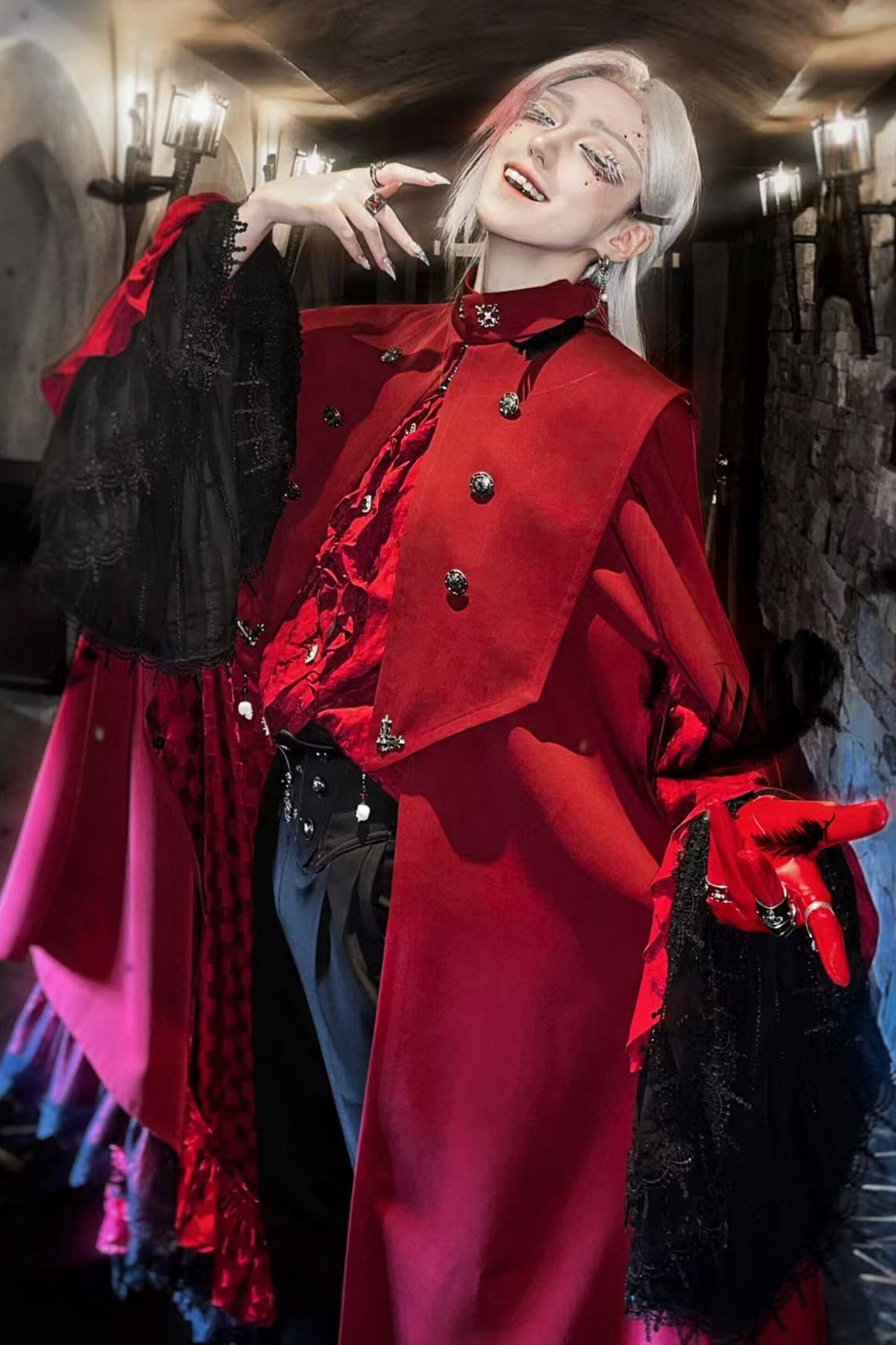 【9月5日予約締切】Dark Red/Dark Green Gothic Chain Layered Lace Cape Coat(Short Length/Long Length)