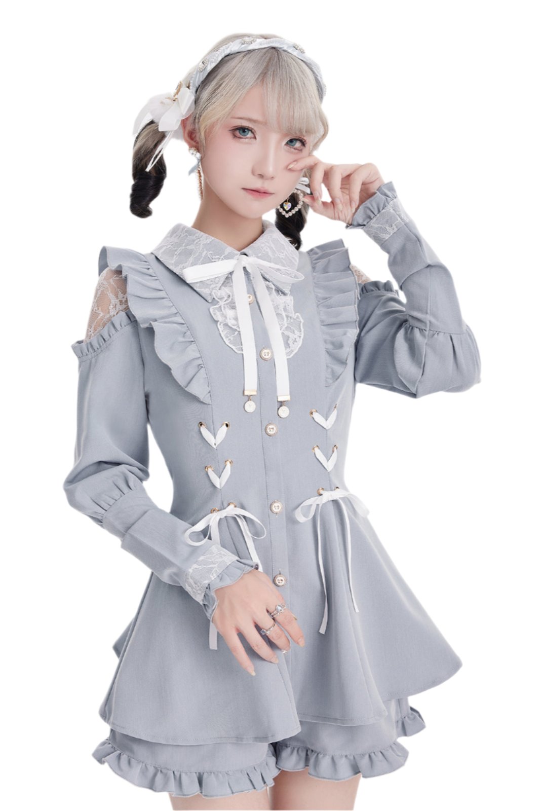 [Reserved product] Race Shear Shoulder Frill Ribbon Design Suit