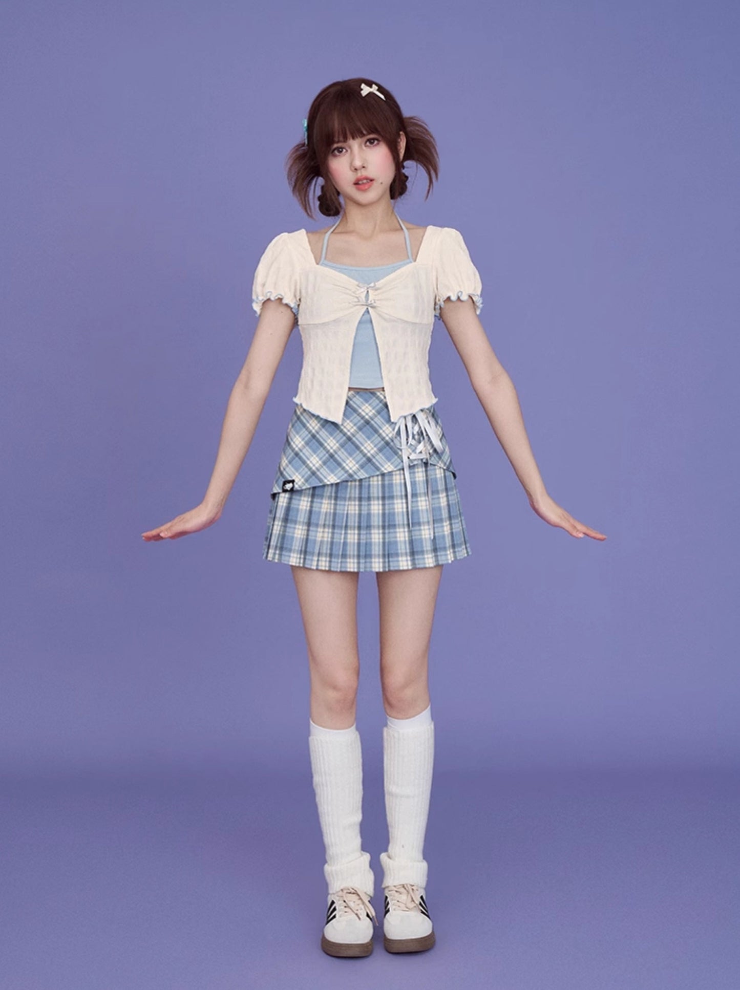 Lace-up Check Retro Blue Skirt