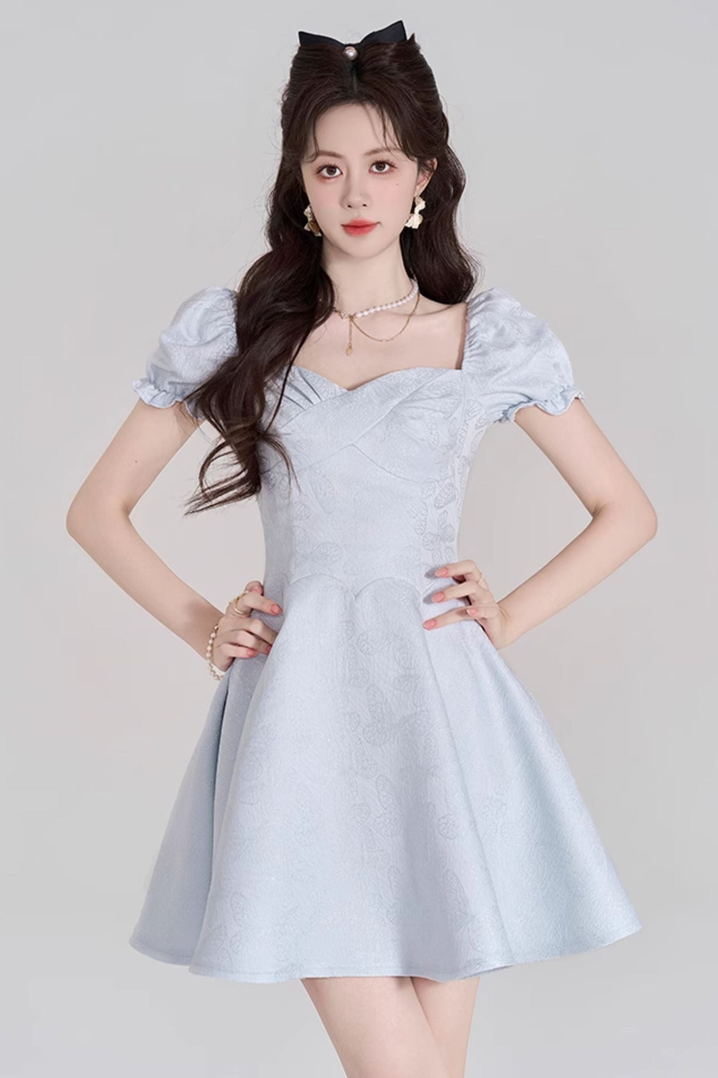 Blue Sweet French Puff Sleeve Dress