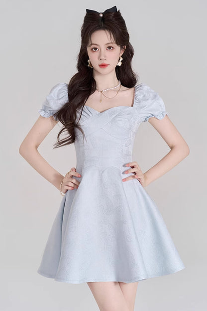 Blue Sweet French Puff Sleeve Dress