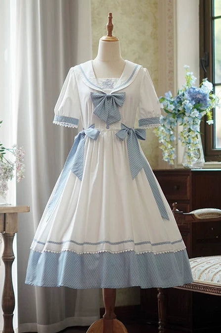 [Reservierungsschluss 28. Juni] 5 Farben/Sailor-Lolita-Streifenkleid mit Schleife und Puffärmeln