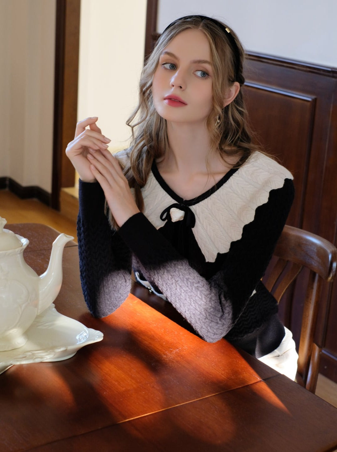 French Color Block Wave Lapel Ribbon Retro Sweater Cardigan