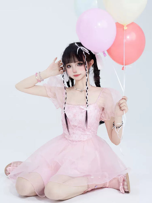 11SH97 Pink Puff Sleeve Dress Women's Summer Sweet Girl Princess Slim Slim Mesh Puffy Short Skirt