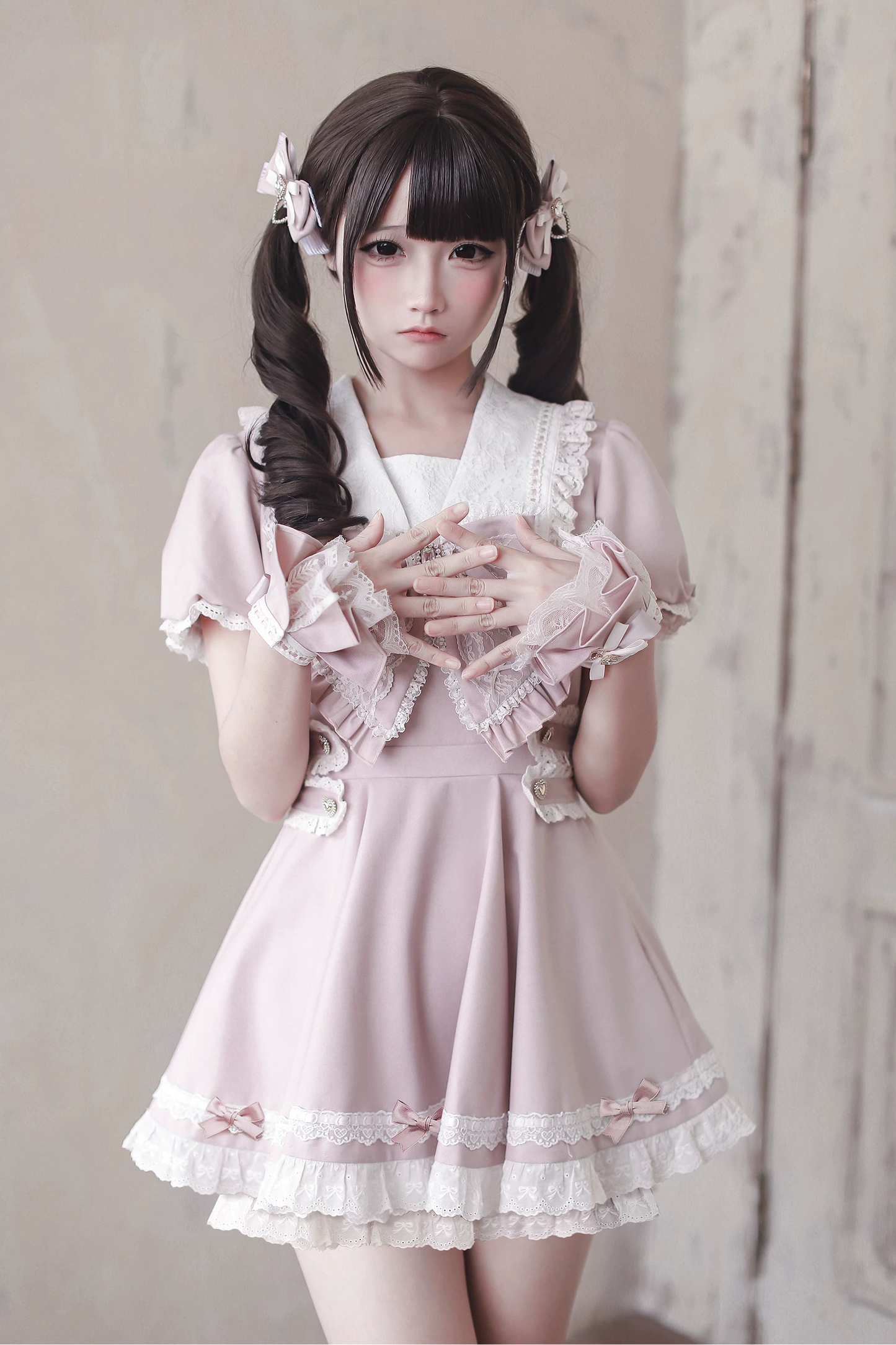 [Pre-order Deadline: April 15] Sailor Collar Pink Lace Jewel Ribbon Dress + Accessories