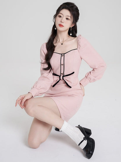 Sweet Baby Pink Waist Square Neck Dress