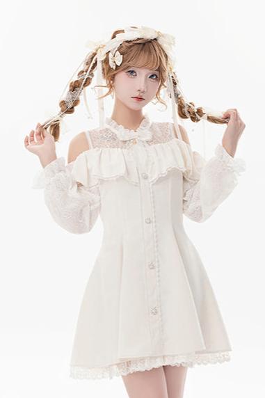 [Reservation product] Race frills off -shoulder dress