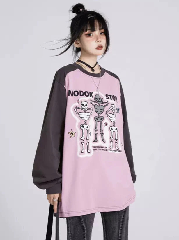 11SH97 Purple Raglan Sleeve Base Shirt 女式冬季对比色骷髅印花宽松修身长袖 T 恤