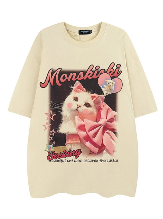 ルーズアメリカンレトロキャットリボンプリントTシャツ