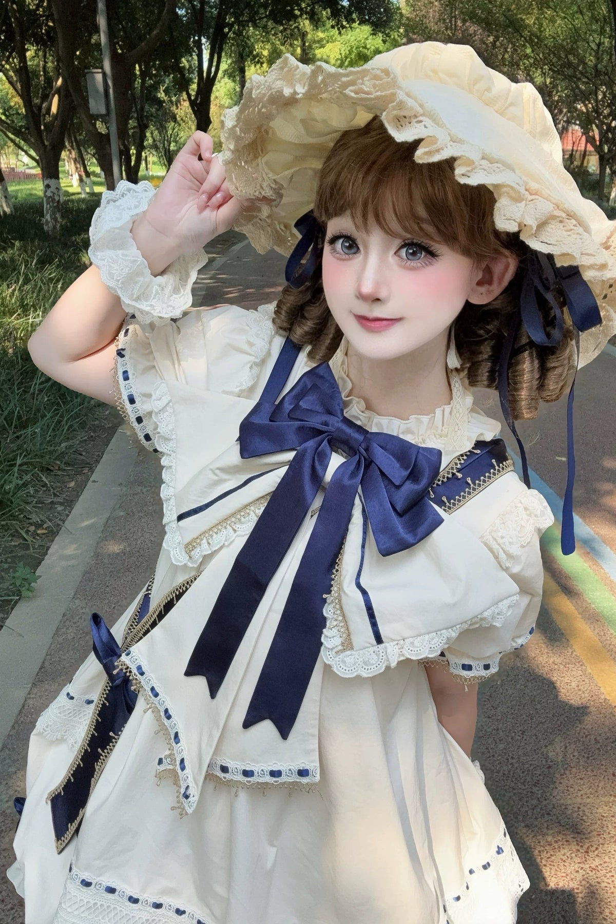 【9月19日予約締切】Pink x Beige / Dark Blue x Beige Doll Style Sweet Lolita Bow Lace Puff Sleeve Dress + Dress Set + Full Set