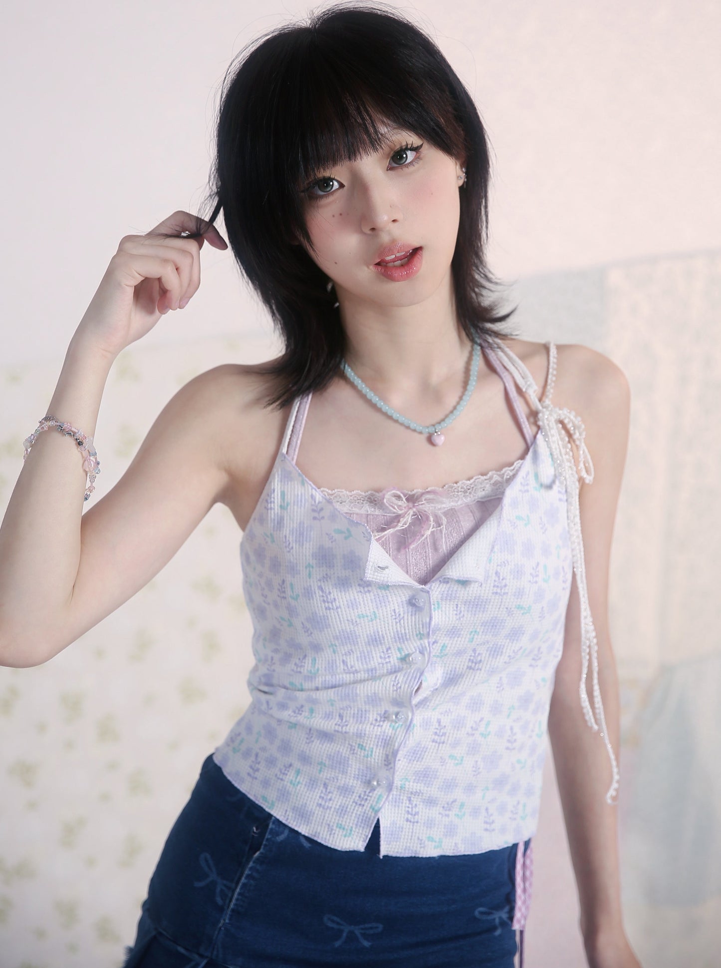 Retro Flower Ribbon Neck Camisole