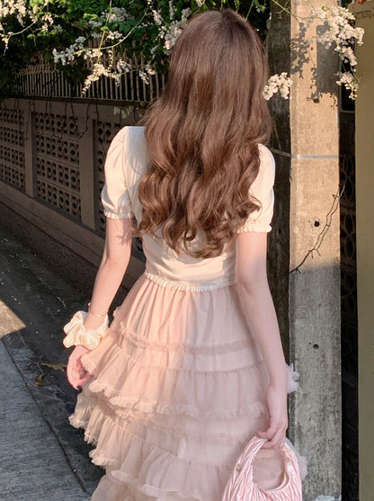 Gray Peach Ribbon Top + Long Gauze Skirt