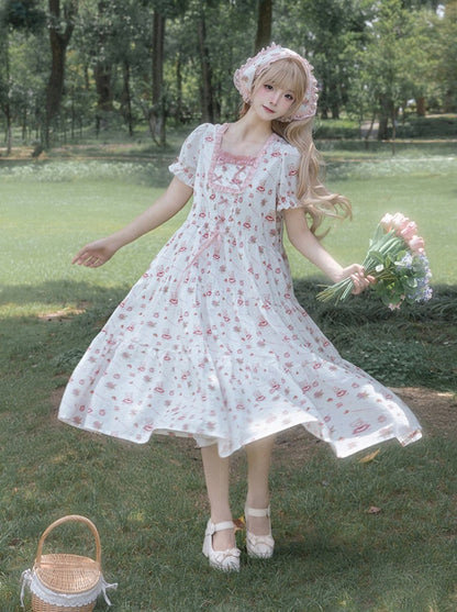 Summer Rose Garden Dress + Jumper Skirt + Bandana + Sheer Cardigan + Lace Choker