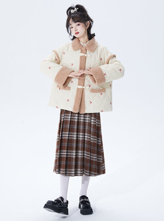 Red Check Asymmetrical Button Retro Wool Middle Skirt