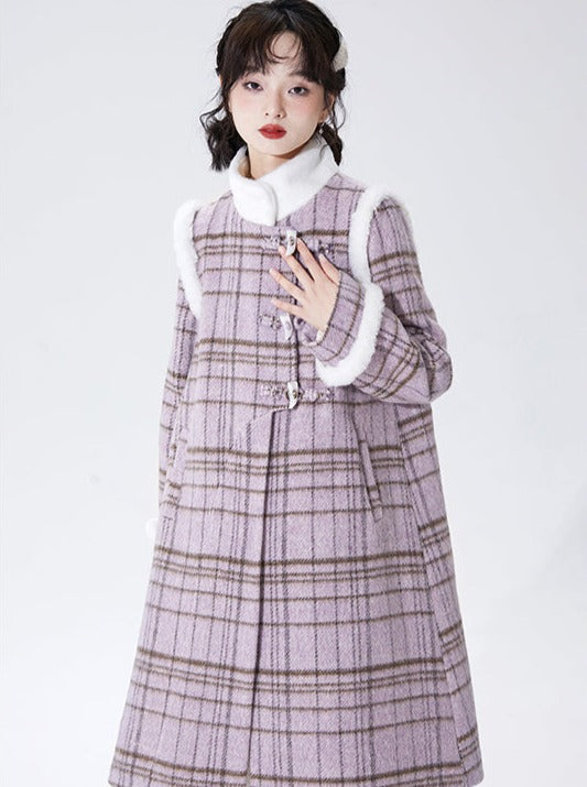 Purple Horn Button Check Stand Collar Wool Coat