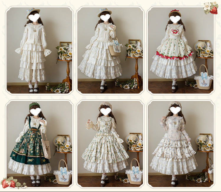 Rabbit Berry Embroidery Print Dress + Bonnet + Hat