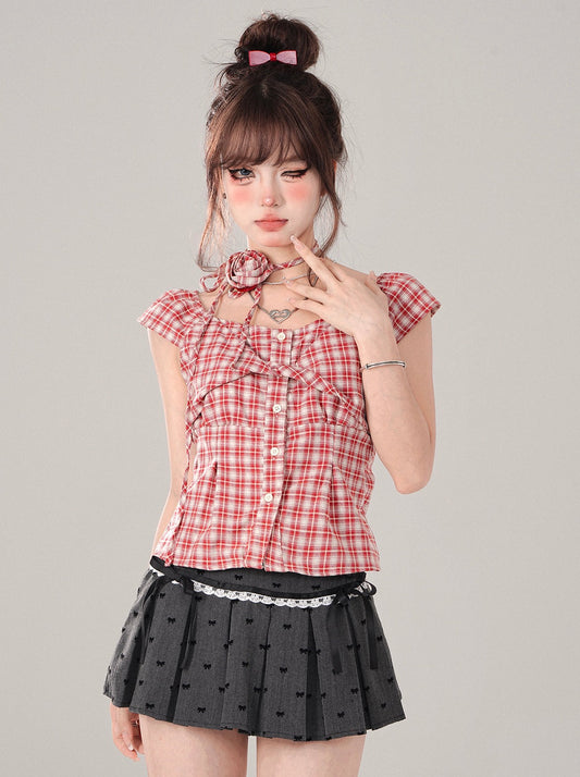 Flying Sleeve Red Gingham Check Top