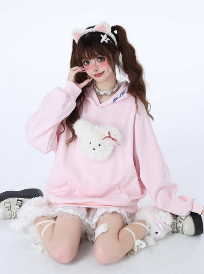 Fluffy Morabito Rabbit Loose Pastel Color Hooded Hooded Hoodie