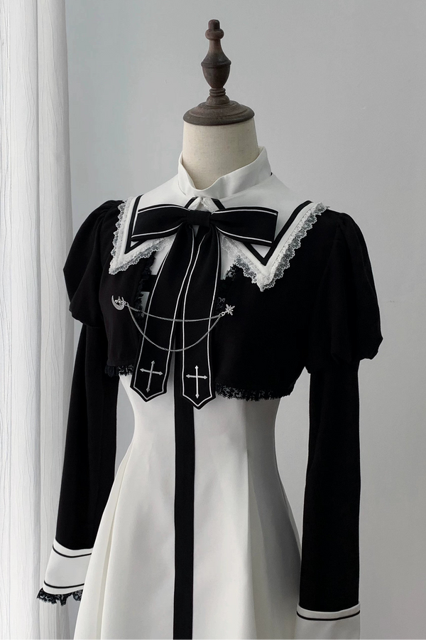 【9月15日予約締切】Black And White Cross Ribbon Frill Lace Academy Dress＋Gothic Chain Cropped Bolero Jacket