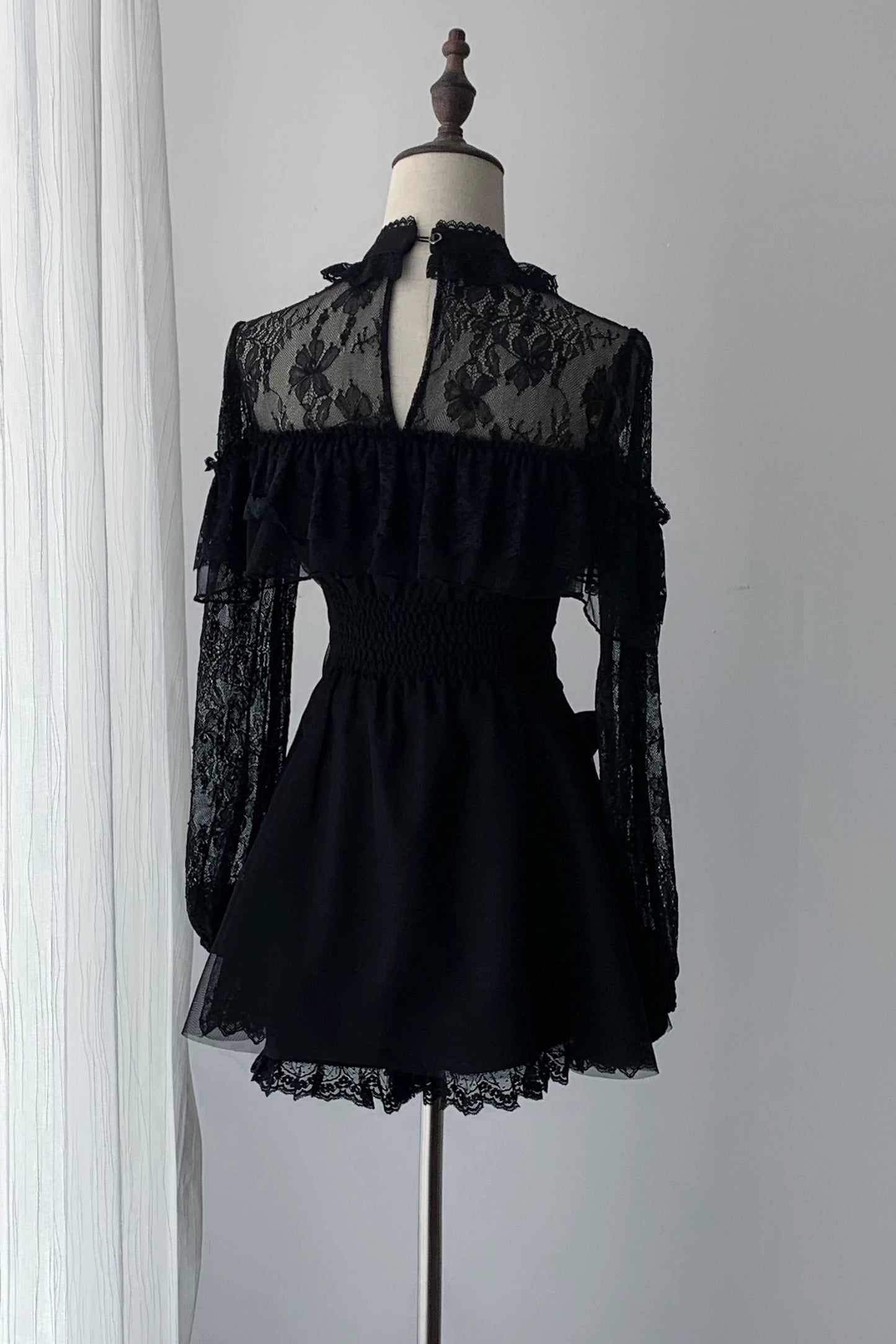 【9月15日予約締切】Black Dark Gothic Sheer Lace Dress Set (Includes Inner Shorts + Rhinestone Bow Tie)