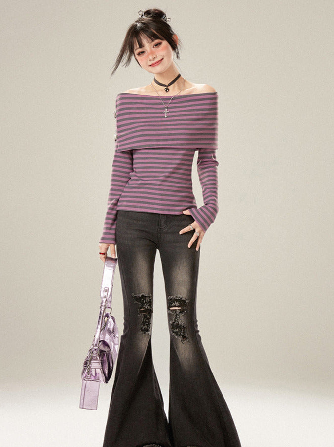 Purple Stripe Off-the-shoulder Long T