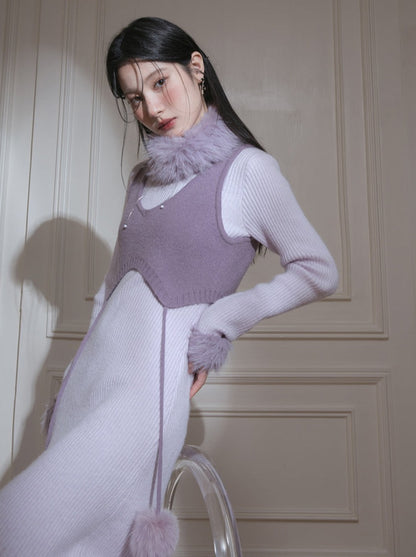 Purple Fur Knit Dress + Knit Short Vest