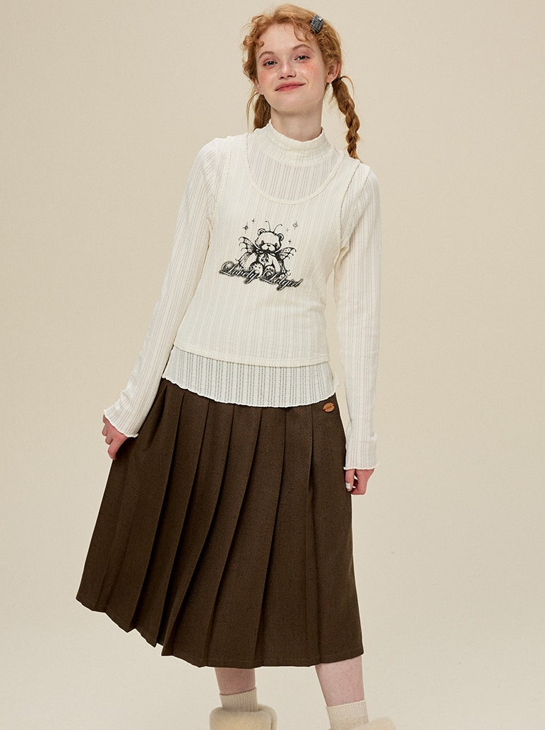 One Point Pleated Wool Skirt