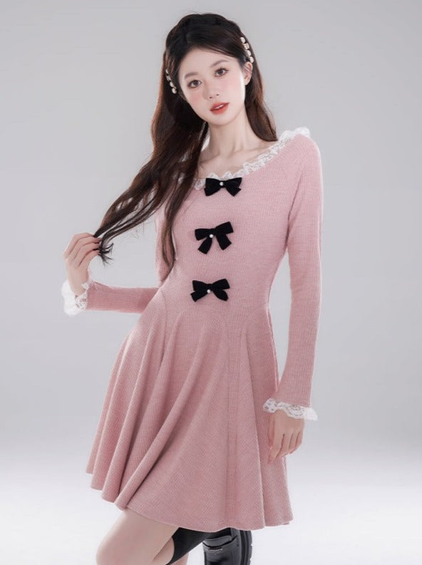 Knit Double Bow Flared Elegant Dress