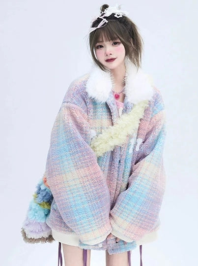 Niche Design Colorful Splicing Loose Lamb Wool Cotton Coat