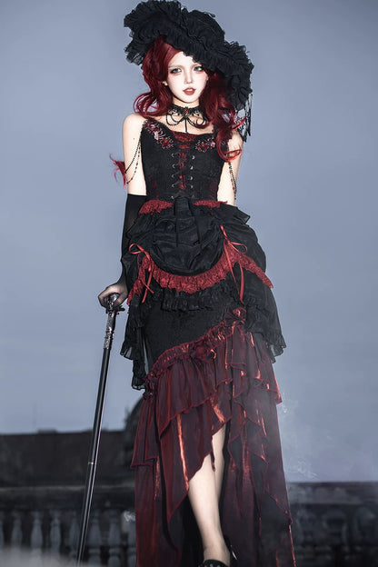 [Pre-order] Red and Black Dark Gothic Lolita Ruffle Slit Long Skirt + Pull-Up Overskirt