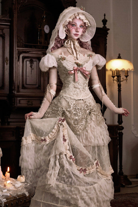 French Elegant Lolita Long Skirt + Hip Cushion Brace Skirt + Big Bow