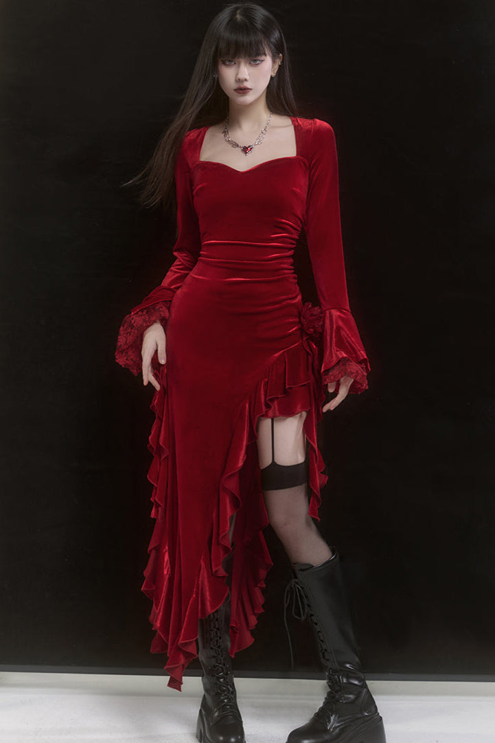 Retro Dark Velvet Asymmetrical Dress