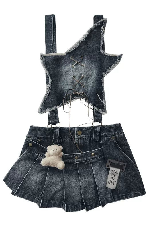 Y2Kスターデニムオーバーオールスカート+インナートップス
