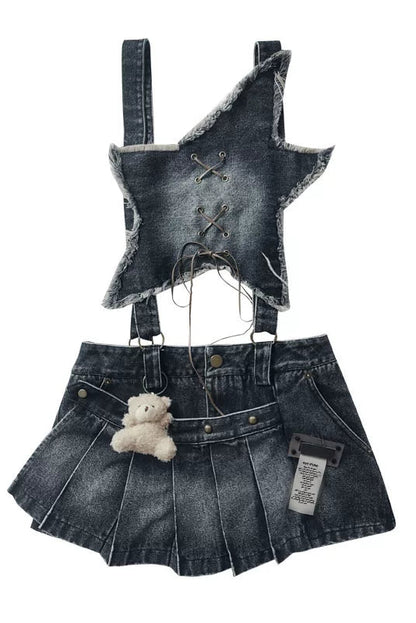 Y2Kスターデニムオーバーオールスカート+インナートップス