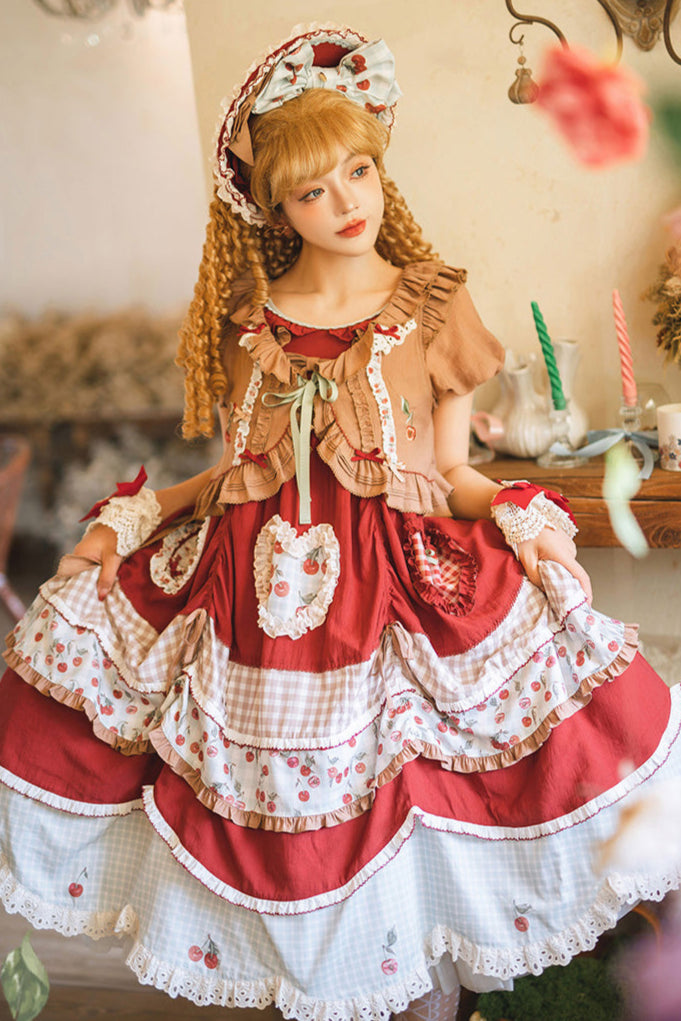 Retro Doll Cherry Check Lolita Dress