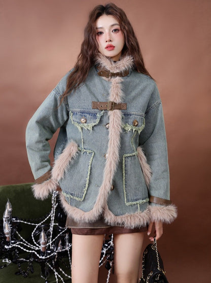 Retro Fur Patchwork Denim Coat