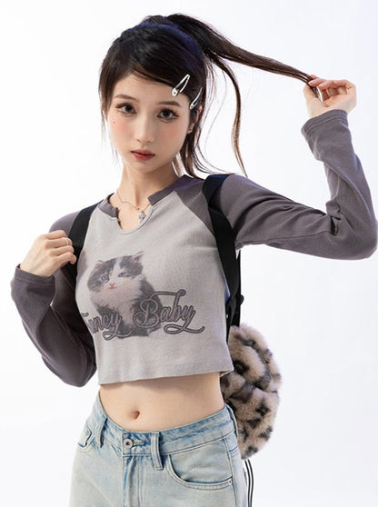 Bicolor cat design short slim top