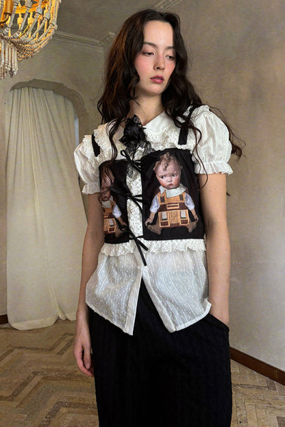 Camisa de algodón con mangas abullonadas de muñeca de cuento de hadas