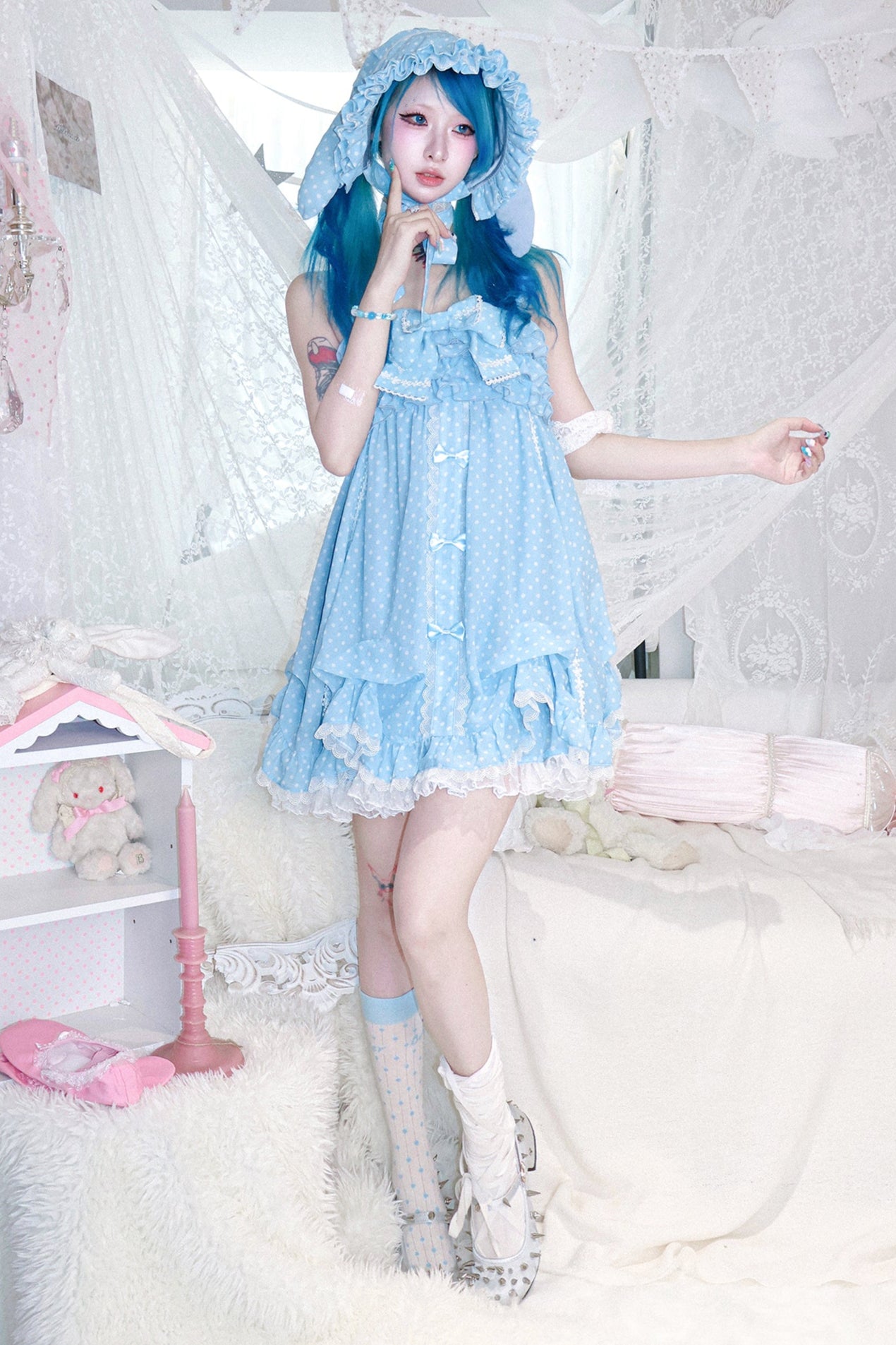 Dot design rabbit ear bonnet