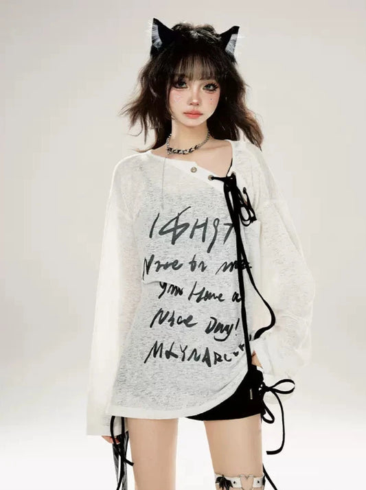 11SH97 White Off-the-Shoulder Strappy Monogram Print Long Sleeve T-Shirt Summer Loose Slouchy Cool Girl Sweet Cool Top
