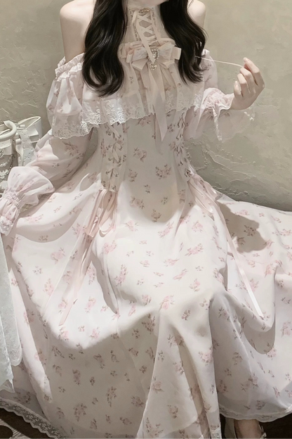 【8月30日予約締切】Pink floral chiffon lace jewel ribbon open shoulder long sleeve dress (short length/long length)