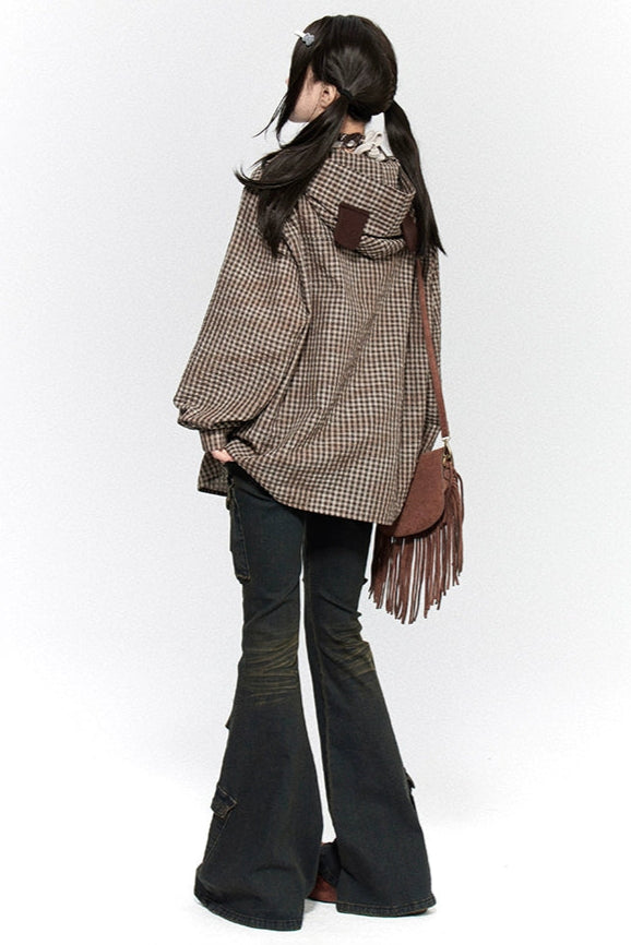 クールベアイヤーフードチェックシャツ