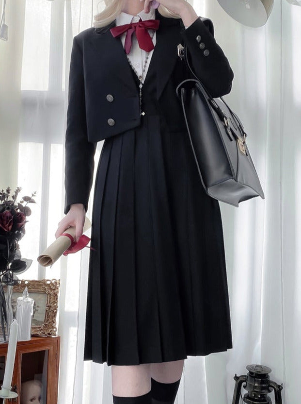 Black Princess College Style Short Jacket + White Shirt + V-Neck Pleated Dress [Reserved Item